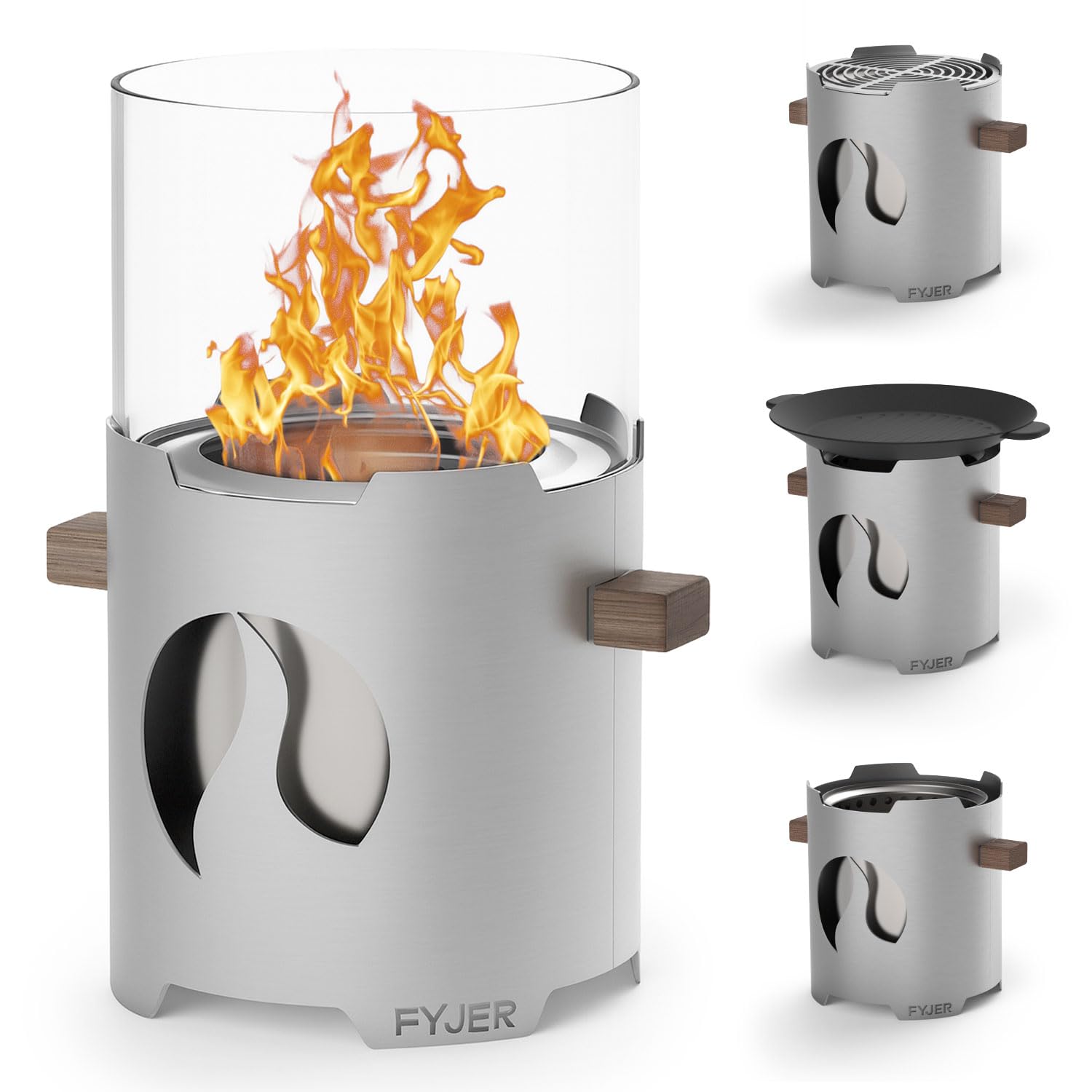 FYJER Pot FIRE 18 Feuerstelle | Vielseitige Feuerschalen für den Garten | Fire Pit aus Edelstahl mit Windschutzglas & Flammenring | Feuerkorb & Feuerschale mit Grillrost | Feuertonne für den Garten