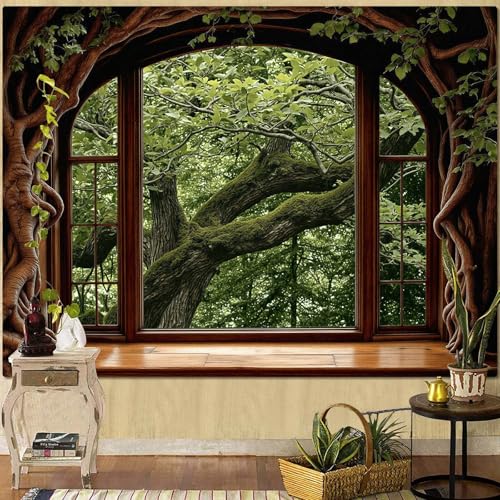 Lifeella Forest Window Tapestry, Nature Outdoor Tree Wall Backdrop, Woodland
