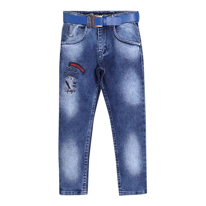 Hopscotch Boys Cotton Embroiderer Denim Jeans in Blue Color