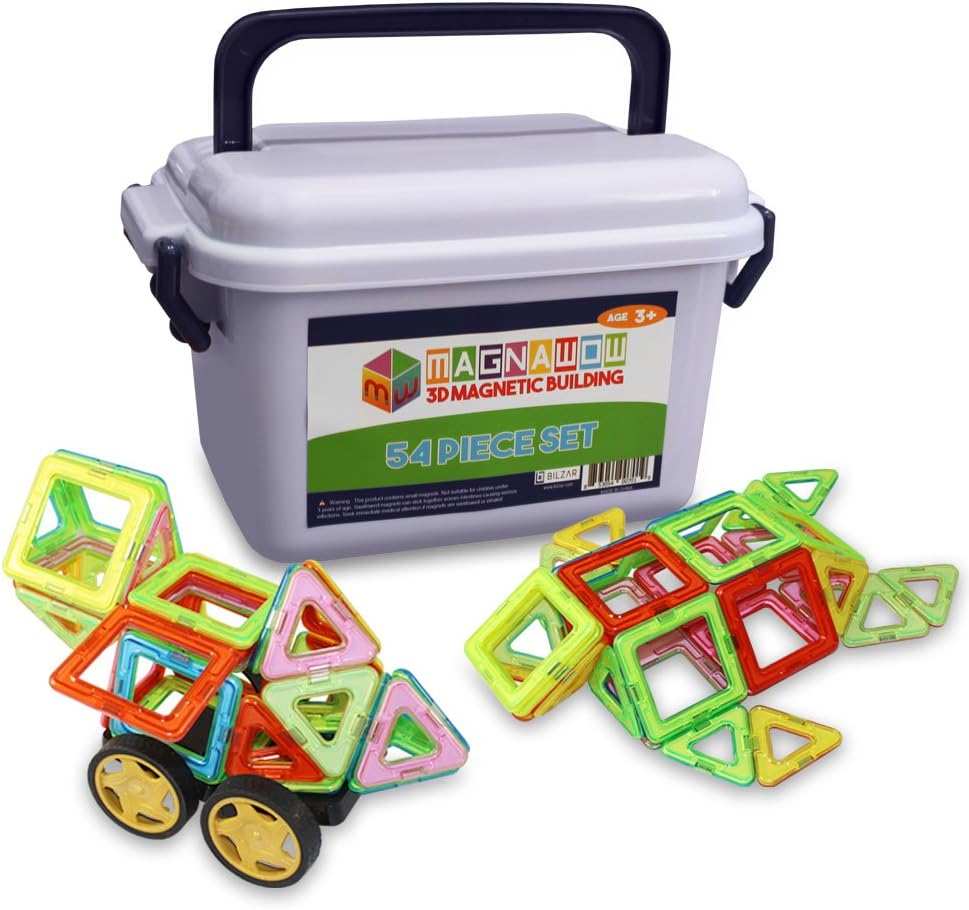 Magnawow 54-Piece 3D Magnetic Tile Building Blocks - Storage Box Included - Durable Magnet Shapes - Educational Construction STEM Toy For Ages 3+