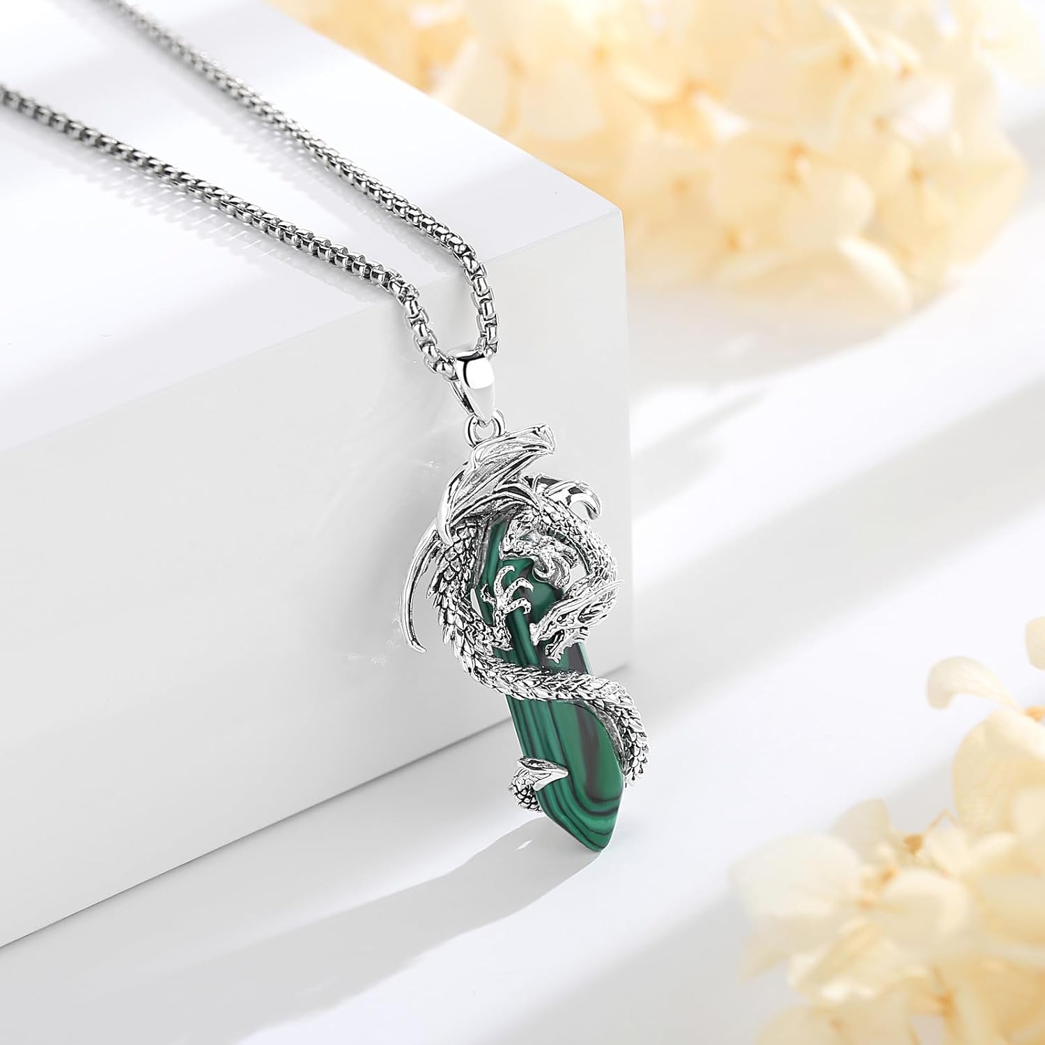EUDORA Vintage Dragon Necklace with Healing Crystal for Women Men, Silver Plated Copper Viking Dragon Pendant Amulet Energy Gothic Jewelry, Gift for Women Men Dad Mother Mom, Chain 20" +24" - Image 2