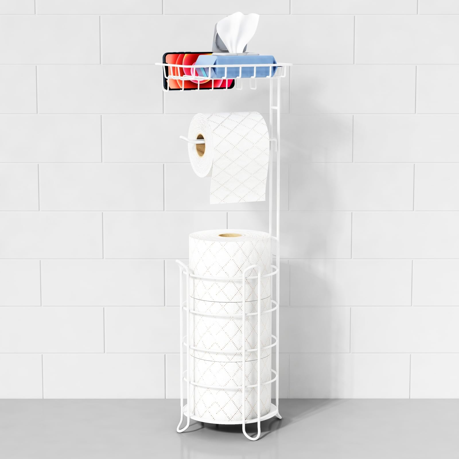 White Toilet Paper Holder Stand with Shelf, Free Standing Bathroom Tissue Holder for Large Mega Rolls, Metal Floor Toilet Paper Roll Holder with Wipes Storage and Phone Tray (White)