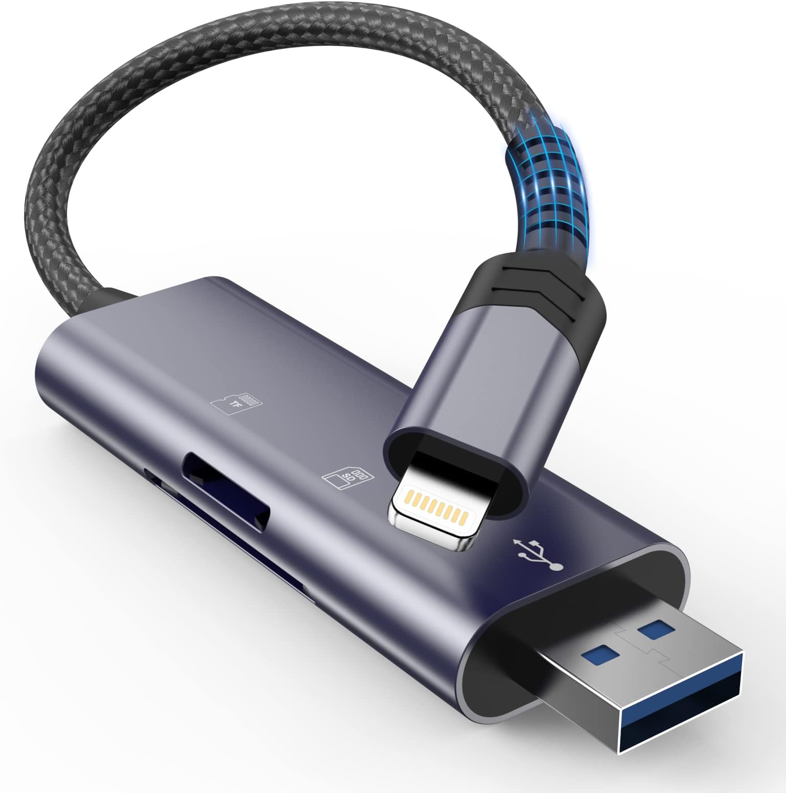 iPhone iPad SD Card Reader, [Apple MFi Certified] 2 in 1 Lightning & USB 3.0 High-Speed Dual Slots SD/TF Camera Memory Card Reader Adapter for iPhone/iPad/PC/Laptop/Desktop Supports SD and TF Card