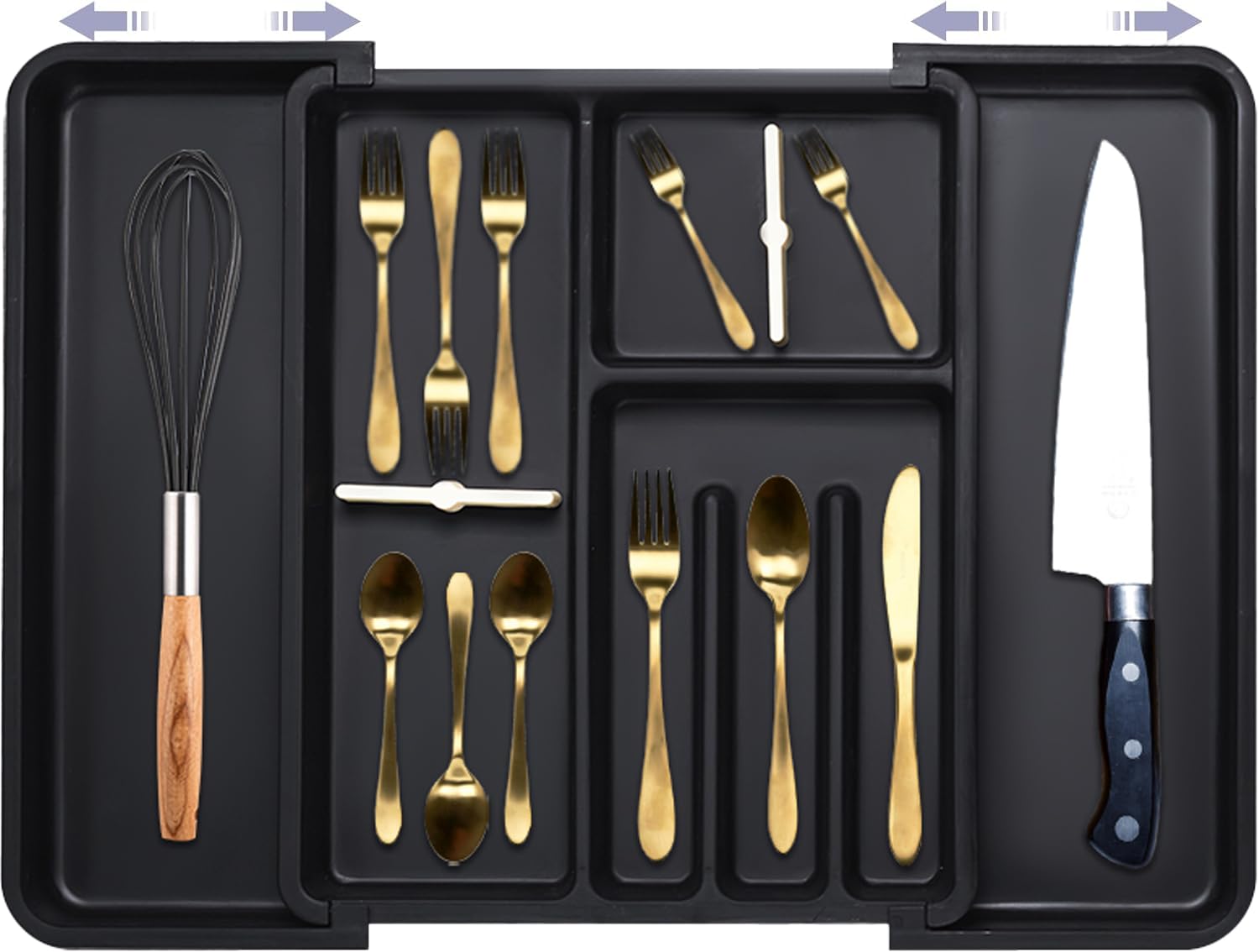 ZHUIYIWIN Cutlery Drawer Organiser, Expandable Kitchen Drawer Organiser, Expandable Utensil Tray with 2 Removable Knife Blocks, Utensil Organiser for Multipurpose Kitchen Storage (BlackX-L)