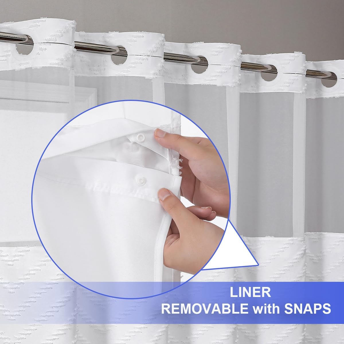 No Hook Shower Curtain Liner Set, Snap in Hookless Shower Curtain with Tassels, Ringless Chevron Tufted Fabric Boho Bathroom Curtains, Mesh Top Window Hotel Style Bath Curtains 74" x 71", White