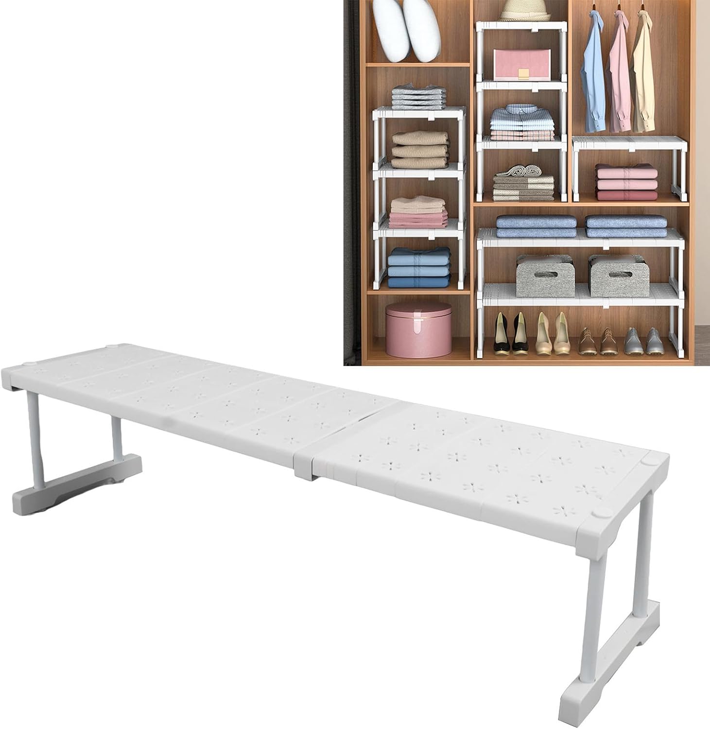 Zerodis Space Saving Closet Tension Shelf Organizer with Adjustable Length, Sorting Storage for Cabinets and Wardrobes, Premium Carbon Steel Material (Length 67‑88cm / 26.4‑34.6in)