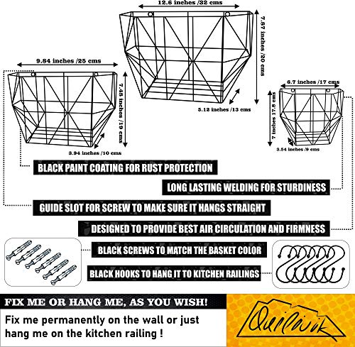 Wall Hanging Fruit Basket For Kitchen - Wall Mount Fruit Basket-Wire Basket With Hooks & Screws - Metal Wire Basket For Fruits & Vegetables Storage - Set Of 3 - Black #TOP1