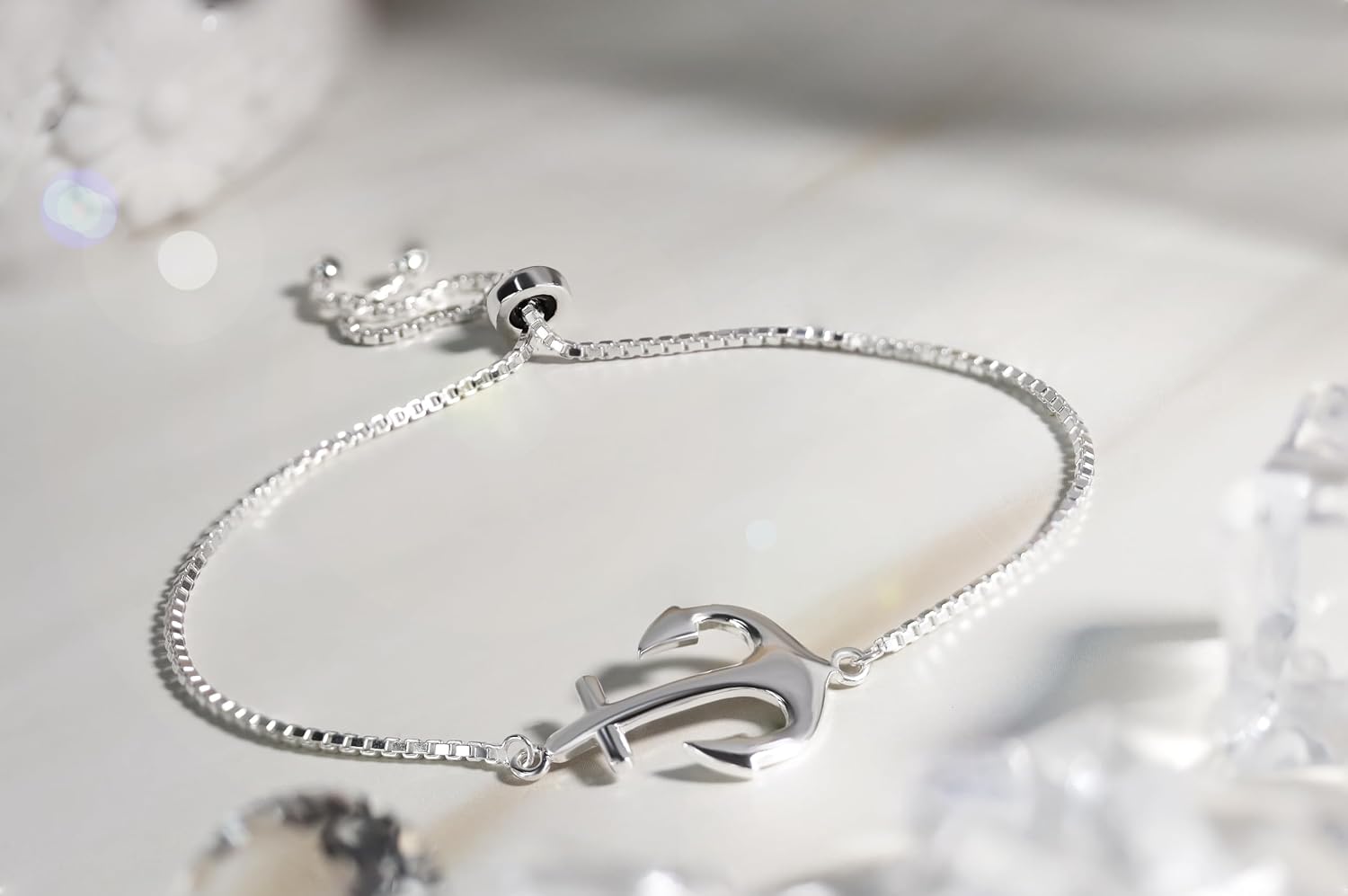 Hoops & Loops 925 Sterling Silver Sailor Anchor High Polished Hypoallergenic Anti-Tarnish Adjustable Bracelet for Women Men, Silver, Yellow Gold & Rose Gold