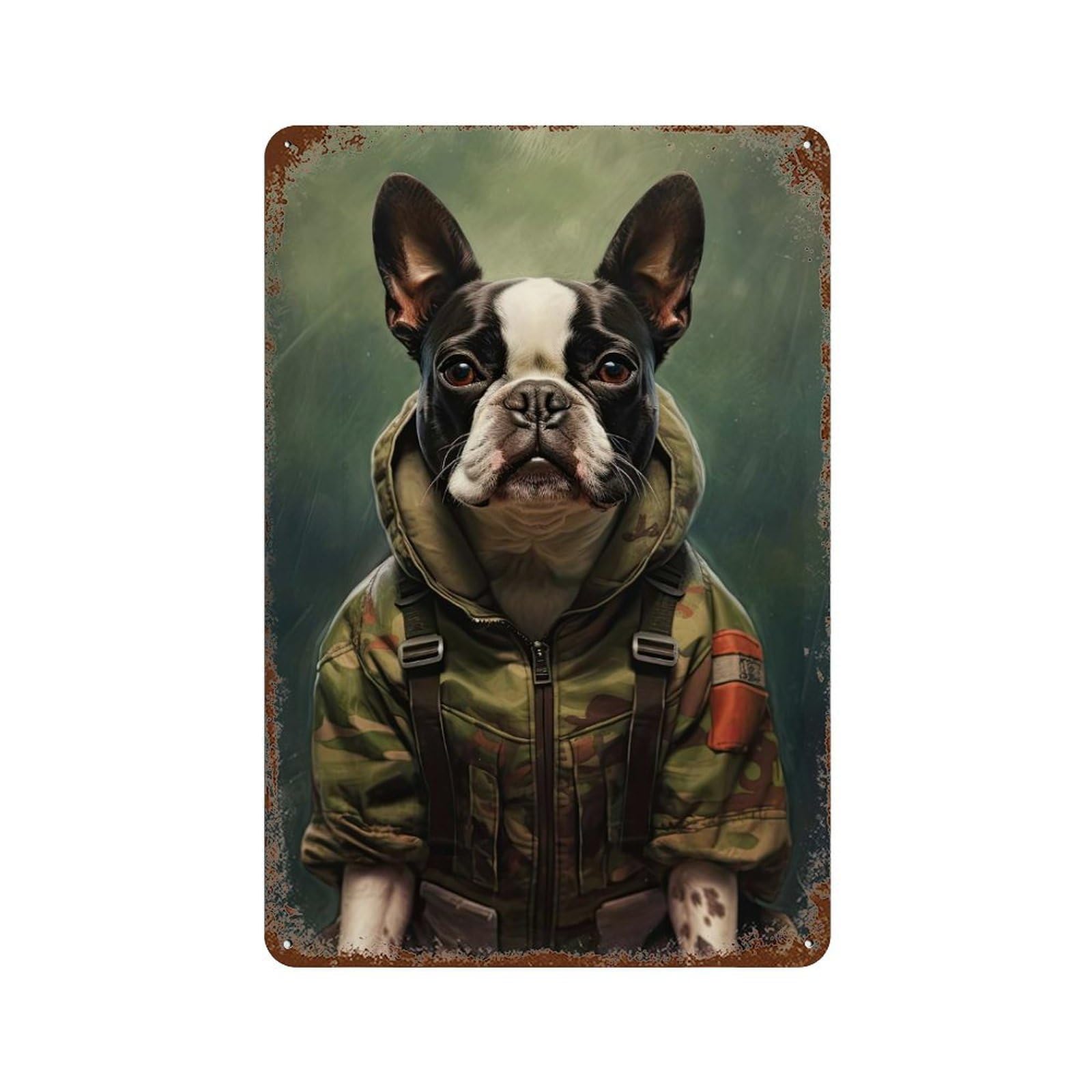 Garage Style Boston Terrier Camo Jacket Rust Effect Tin Sign 11.8"x7.9", Vintage Wall Decor for Bar And Workshop