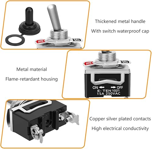 Miniatura 4 de 2 interruptores de palanca de 12 V SPST de encendidoapagado impermeable, interruptor de palanca marino, 15 A 250 VCA, interruptor CC de metal sólido