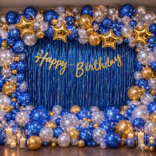 Image of Blue Gold Birthday Decoration Kit - 95 Piece XL Luxe Party Kit - Include 3 Tinsel Curtains, Large Balloon Arch Garland Kit, Star Foil Balloons & Happy Birthday Banner - Blue Gold Party Supplies