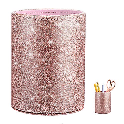 LWZko Pot à Crayons en PU, Porte-Pinceau de Maquillage, Porte-Gobelet à Crayon, PU Glitter Pink Femmes Filles Porte-Stylo Rond pour Bureau, Bureau, École,...