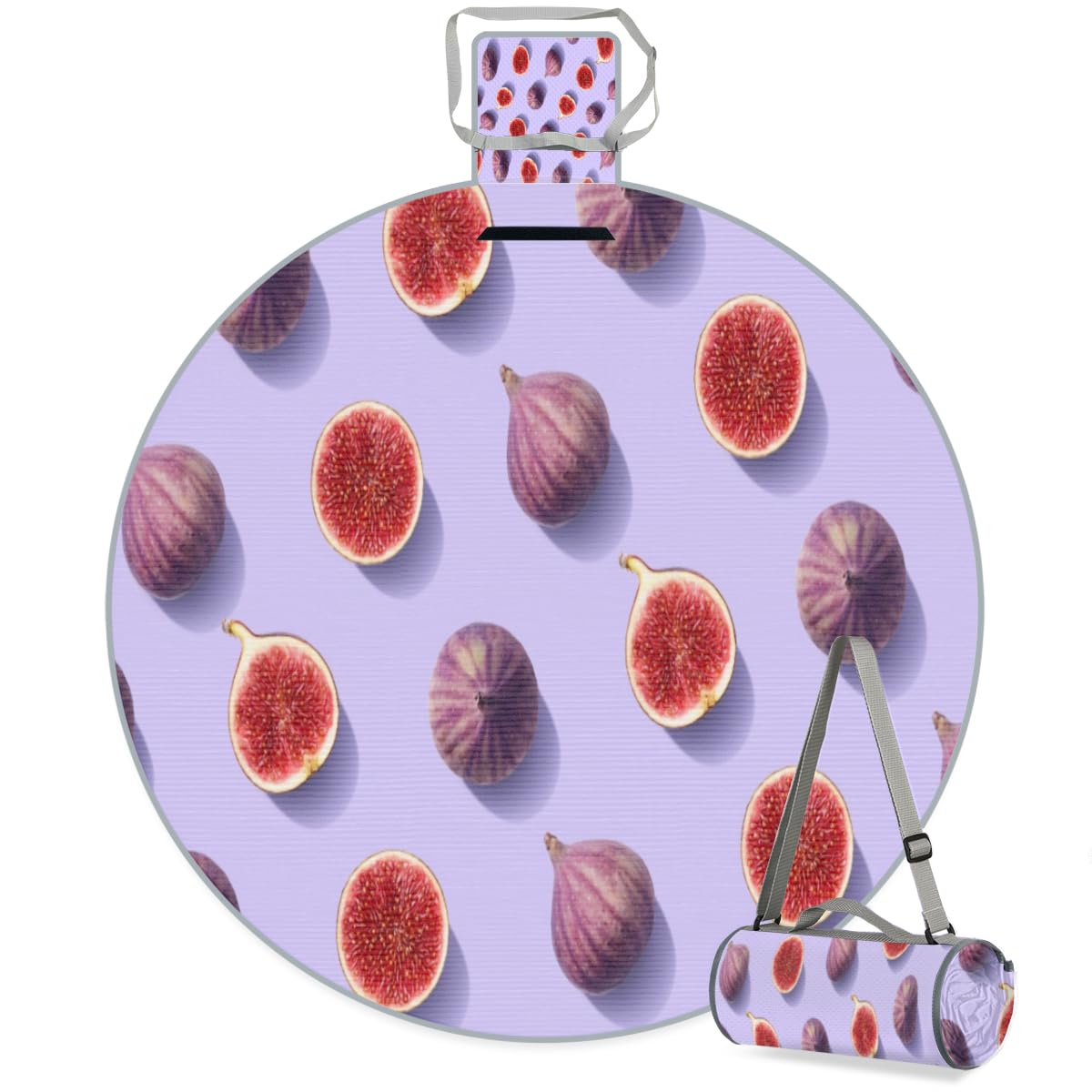 Shimoshe Purple Background Fig Picnic Outdoor Blanket Foldable Waterproof Sandproof Beach Blanket Portable Water-Resistant Round Picnic Mat for Travel Camping Park Lawn