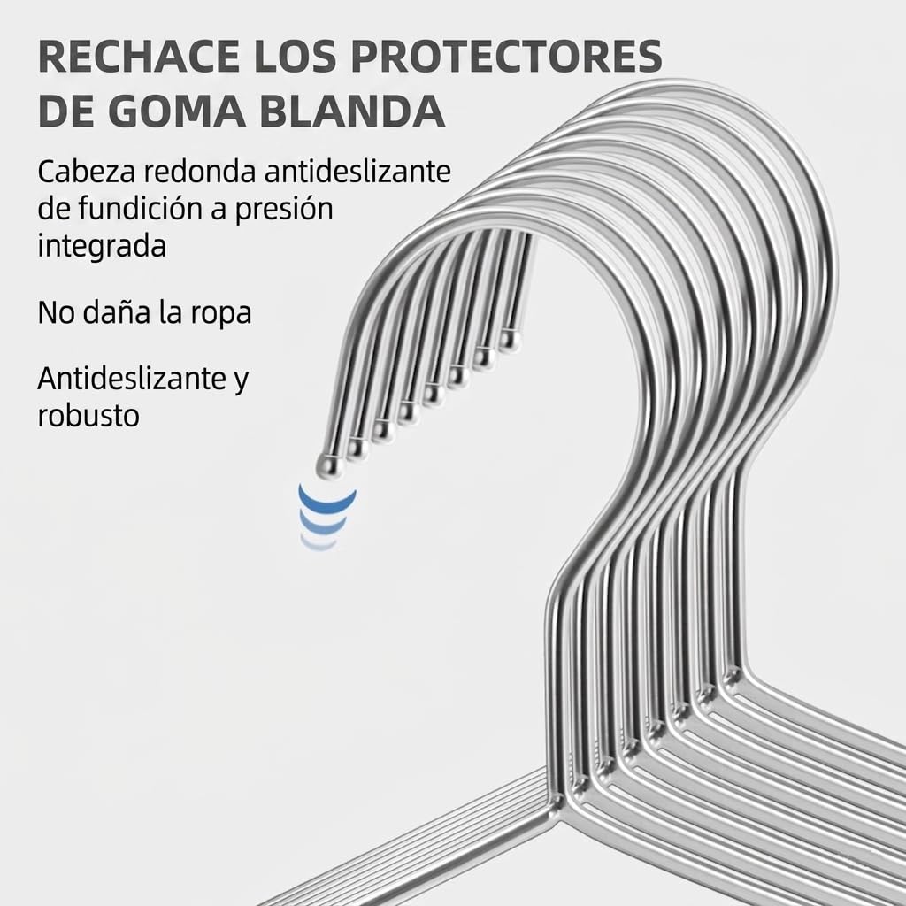 Perchas de Acero Inoxidable 42 cm, Pack de 50 Grosor 4 mm, Perchas de Metal Cromado Antideslizantes, Resistentes y Antioxidantes, Diseño en V Ahorra Espacio para Camisas, Chaquetas y Pantalones