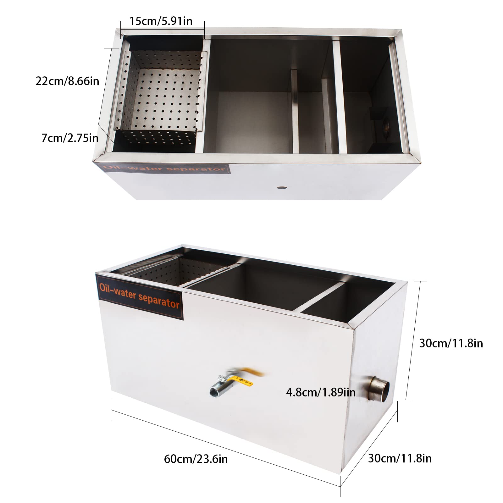 Commercial Grease Interceptor, 60 x 30 x 30 cm, trampa de acero inoxidable, separador de aceite y agua para restaurante, cafetería, Kanteen