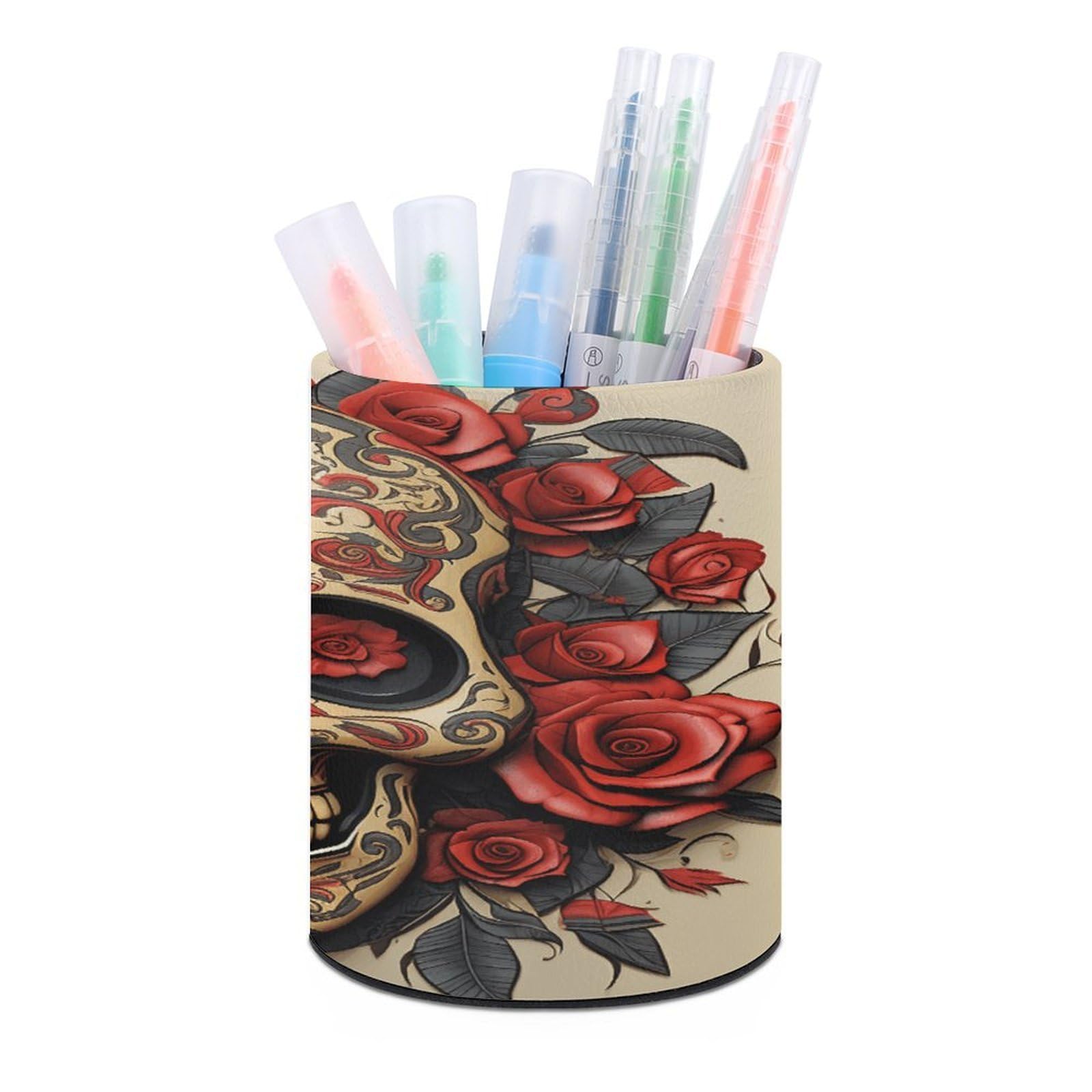 VstaDank Red Rose Sugar Skull Pen Holder PU Leather Pencil Cup Minimalist Desk Pencil Holder Round Make Up Brush Organizers For Office Dorm Room&Vanity Desk Accessories