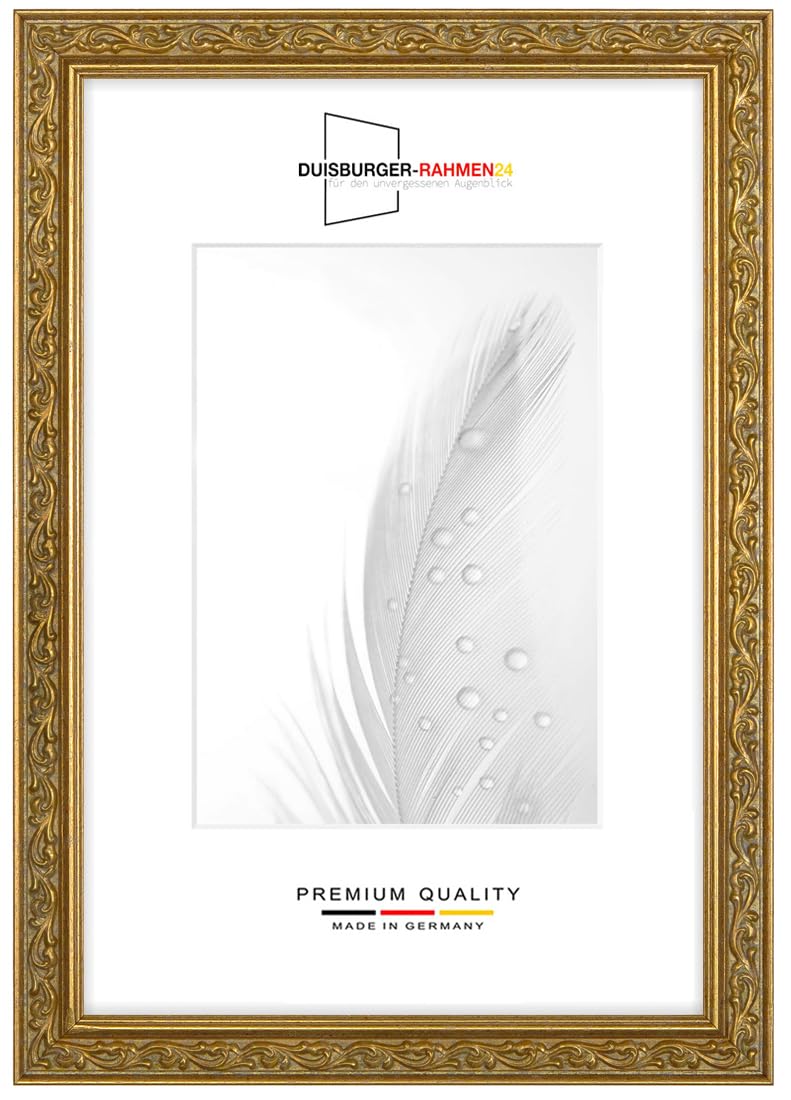 DR096 - Marco de fotos de madera maciza, estilo vintage, retro, 45 x 55 cm, color dorado envejecido, incluye cristal sintético irrompible antirreflectante, marco para pósteres, puzles, collage de