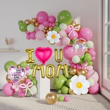 Happy Birthday Mom Decorations - Pink and Green Balloon Garland Kit with Heart Foil Letters, Floral Basket & Daisy Balloons, Rustic Garden Party Supplies for Women, Grandma Birthday Decor