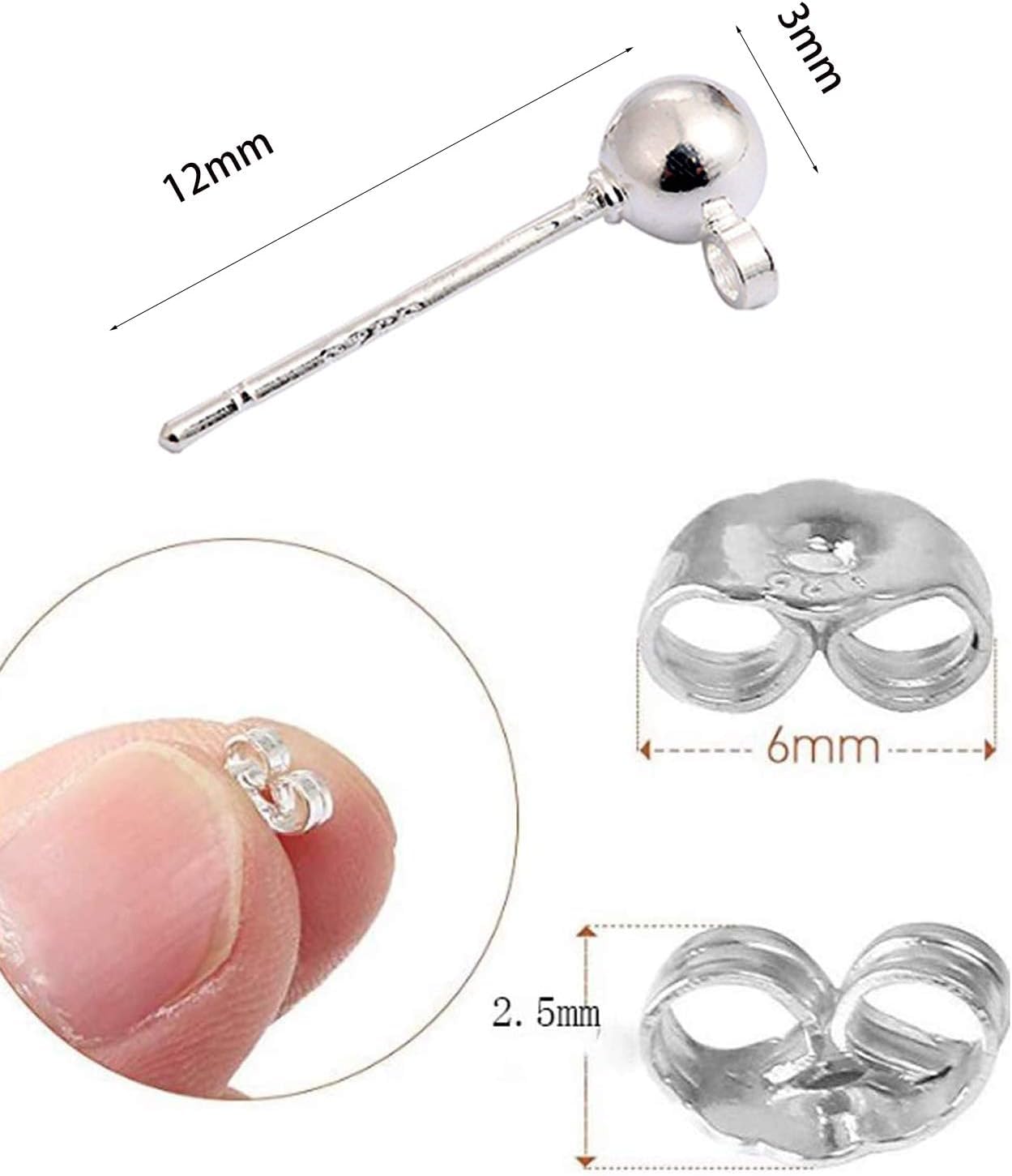 20 PCS DIY 925 Sterling Silver Plated Ball Earring Studs with Loop, Hypoallergenic Ball Post Earrings with 50 PCS 925 Sterling Silver Earring Backs for Earring Making Findings