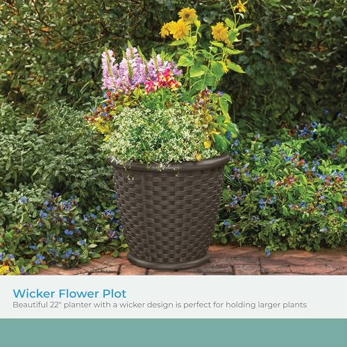 Image of Suncast Sonora 22 Inch Plastic Wicker Indoor or Outdoor Decorative Garden Flower Planter for Entryways, Porch, and Backyard Patios, Dark Brown