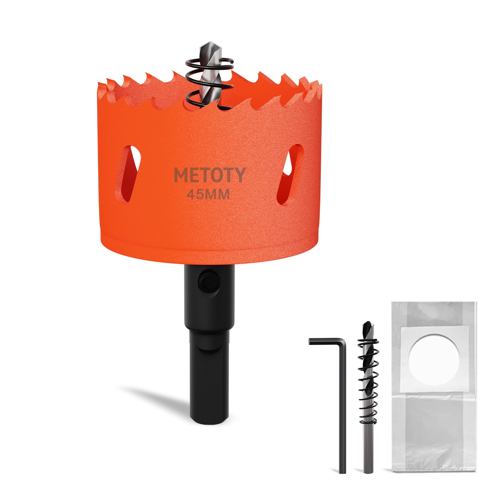 METOTY 45mm Bi-Metal Hole Saw,Universal HSS M42 Hole Saws,with Triangular Shaft Adapter and Centring Drill, One Free Dust Bag for Aluminum, Metals, Plastics, Acrylic Glass, Wood, Gypsum board