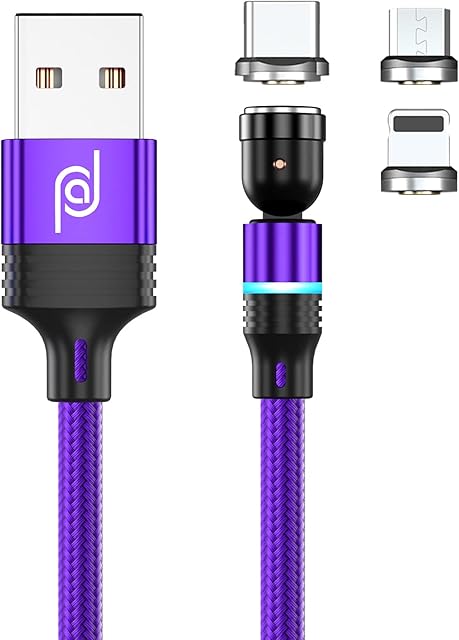 JJA Magnetic Charging Cable 3 in 1, 360°&180° Rotation Magnetic Phone Charger, 3A Nylon Braided Detachable Fast Charger, Data Transfer Cable for Micro USB, Type C, I-Connector (Purple, Single Pack)