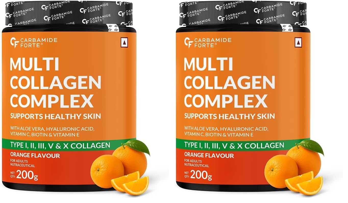 Carbamide Forte Multi Collagen Supplements for Women & Men | Multi Collagen powder with All 5 Types of Peptides Included - TYPE I, II, III, V, X | Orange Flavour - 200g (Pack of 2)-image-48