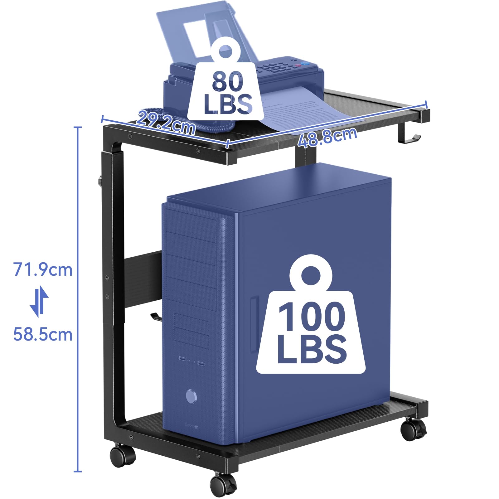JANE EYRE Computer Tower Ständer - Höhenverstellbarer PC Tower Ständer Gehäuse Halterung CPU Halter Wagen mit Rollen und 4 Haken für Home Office und Klassenzimmer, 58.5-71.9cm H, Schwarz