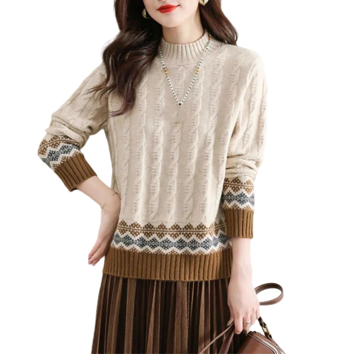 Sweter Damski Z Dzianiny, Pół-Wysoki Kołnierz, Wzór W Romby, Długi Rękaw, Swobodny, Ciepły, Luźny Top-Beige-Medium