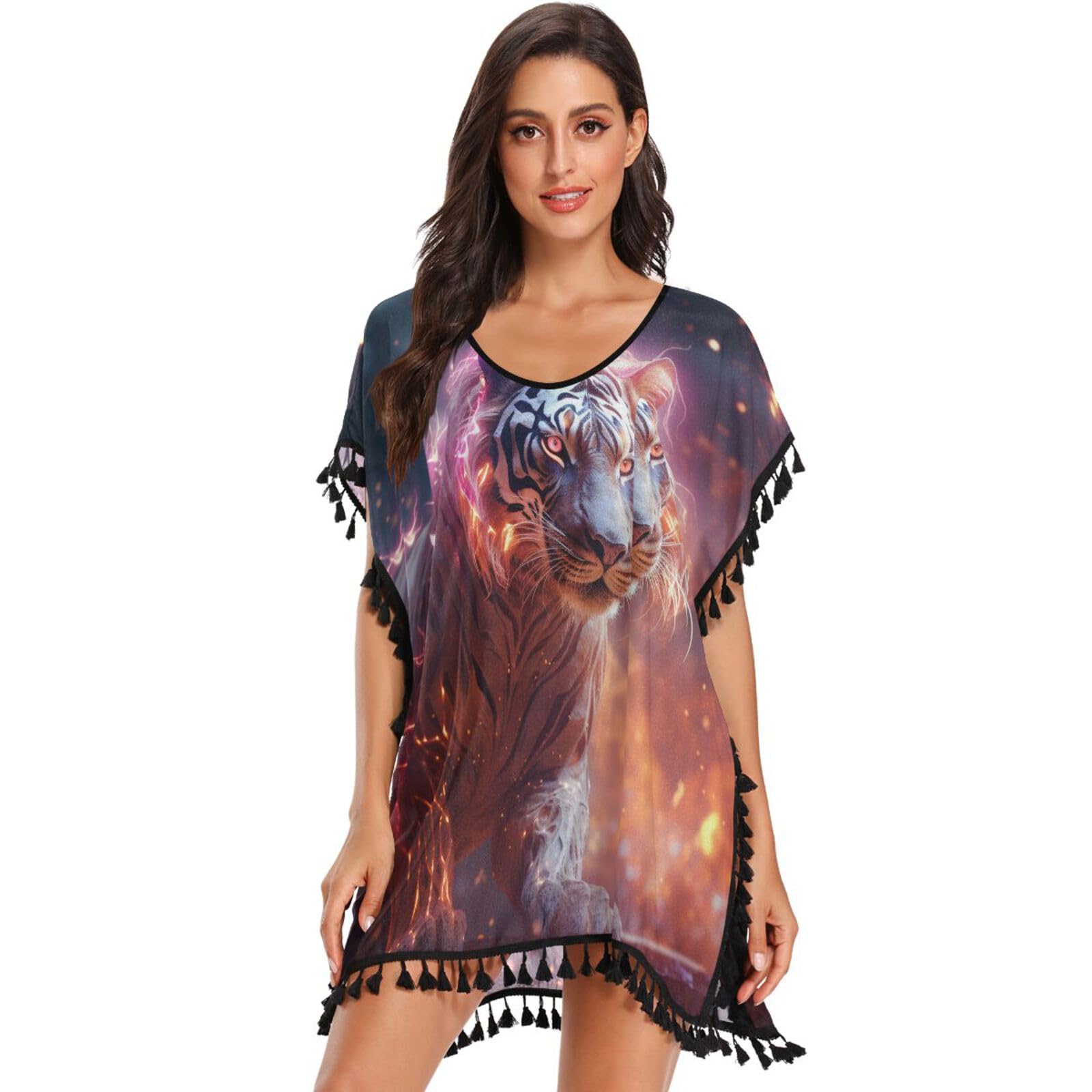 Space Light Art Tiger Women's Beach Cover Up Chiffon Tassel Swimwear Swimsuit Coverups for Girl