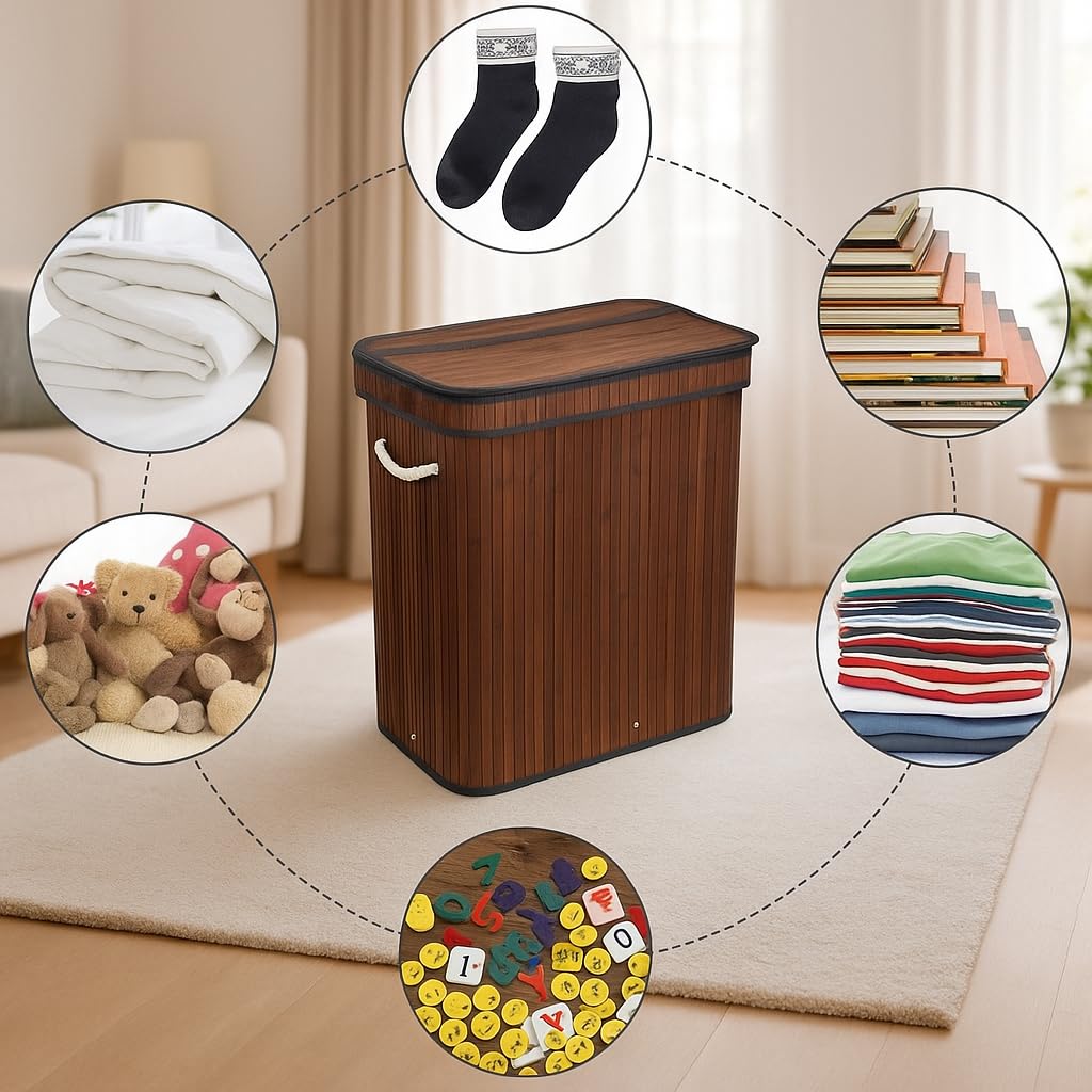 Panier à linge en bambou, 72 L – Collecteur de linge avec 2 compartiments – brun, avec couvercle et fermeture éclair – pour linge clair et linge foncé – pour salle de bain, chambre ou buanderie (Brun)