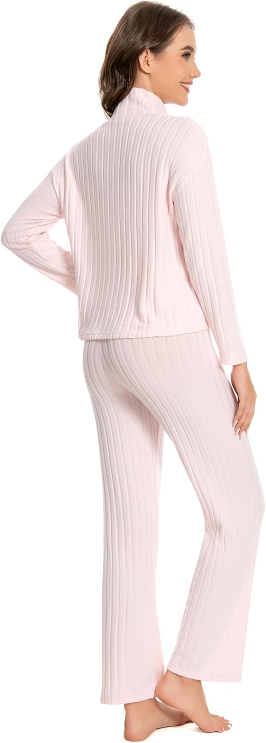 Nutria Women's Pajama Set Long Sleeve High Neck Striped Brushed Fleece Loungewear Soft 2 Piece Outfit Fall Winter D10 - Image 2