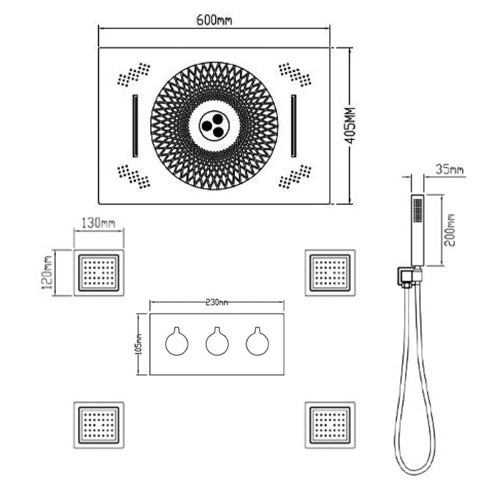 XJTNLB Juego de Ducha Oculto Ducha Efecto Lluvia y Cascada Techo Cepillado Duchas de Baño Efecto Lluvia con 4Pcs Chorros de Masaje