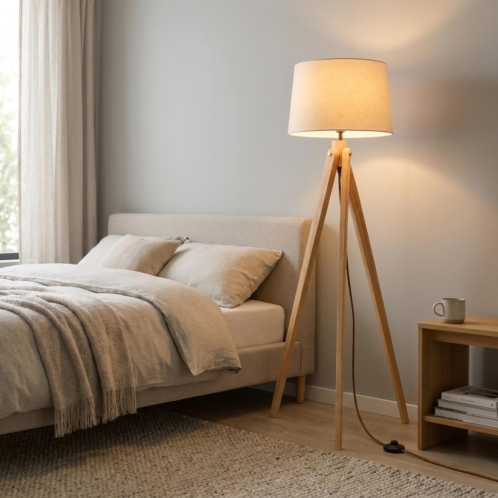 BARCELONA LED NASHUA Stehlampe mit Holzstativ und weißem Stoffschirm – Skandinavische nordische Stehleuchte mit E27 Fassung, minimalistisches Design für Wohnzimmer, Schlafzimmer
