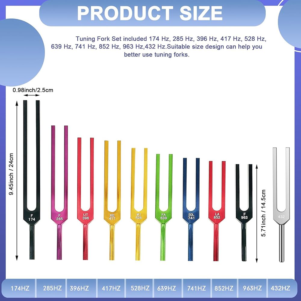 NEWFUN Stimmgabel,Stimmgabel Neurologie,10er Set (174 Hz, 285 Hz, 396 Hz, 417 Hz, 432 Hz, 528 Hz, 639 Hz, 741 Hz, 852 Hz, and 963 Hz), für Klangtherapie Gewichtete Stimmgabel Geeignet Meditation