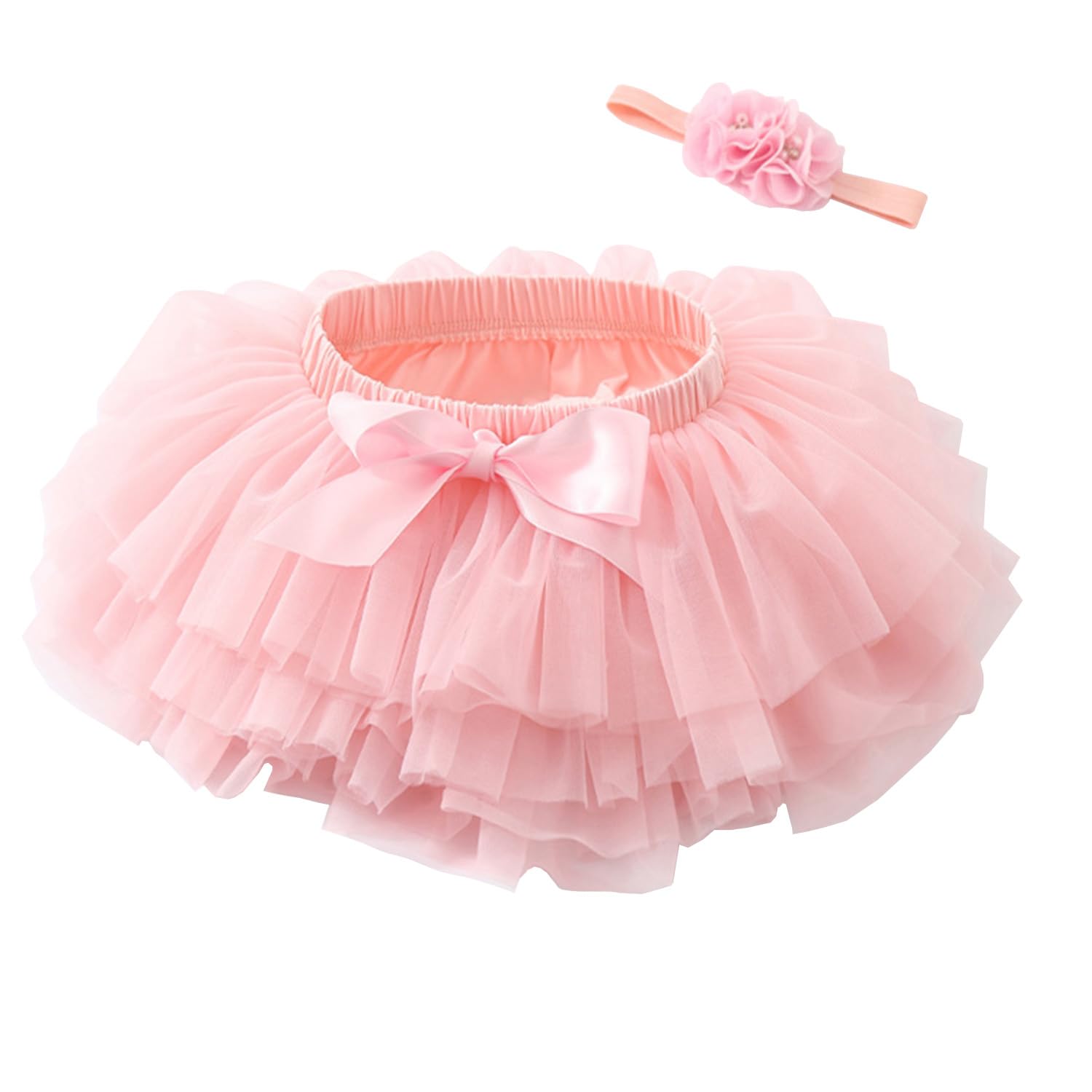 Gonna morbida con volant in tulle con fodera per pannolini, principesse, feste, tutù, set con fascia floreale, Colore: rosa., 6-12 Mesi
