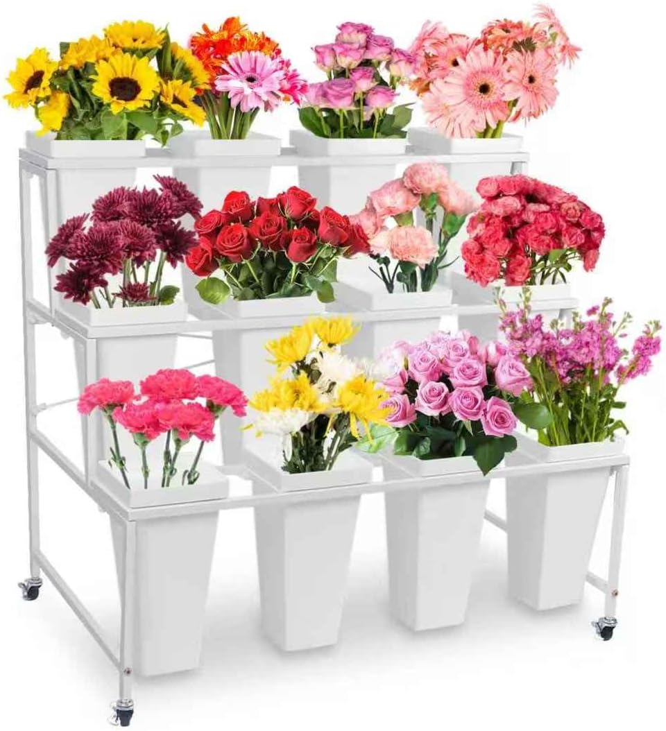 3-Tier Metal Flower Display Stand with 12 Buckets - Heavy Duty Rolling Plant Cart Shelf, Sturdy Mobile Plant Stand for Indoor/Outdoor Garden, Patio, Florist Shop, Living Room, Home Decor (White)