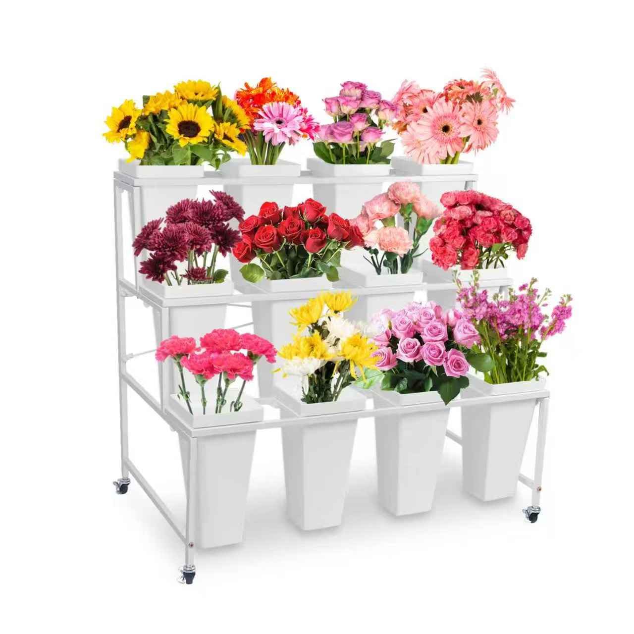3-Tier Metal Flower Display Stand with 12 Buckets - Heavy Duty Rolling Plant Cart Shelf, Sturdy Mobile Plant Stand for Indoor/Outdoor Garden, Patio, Florist Shop, Living Room, Home Decor (White)