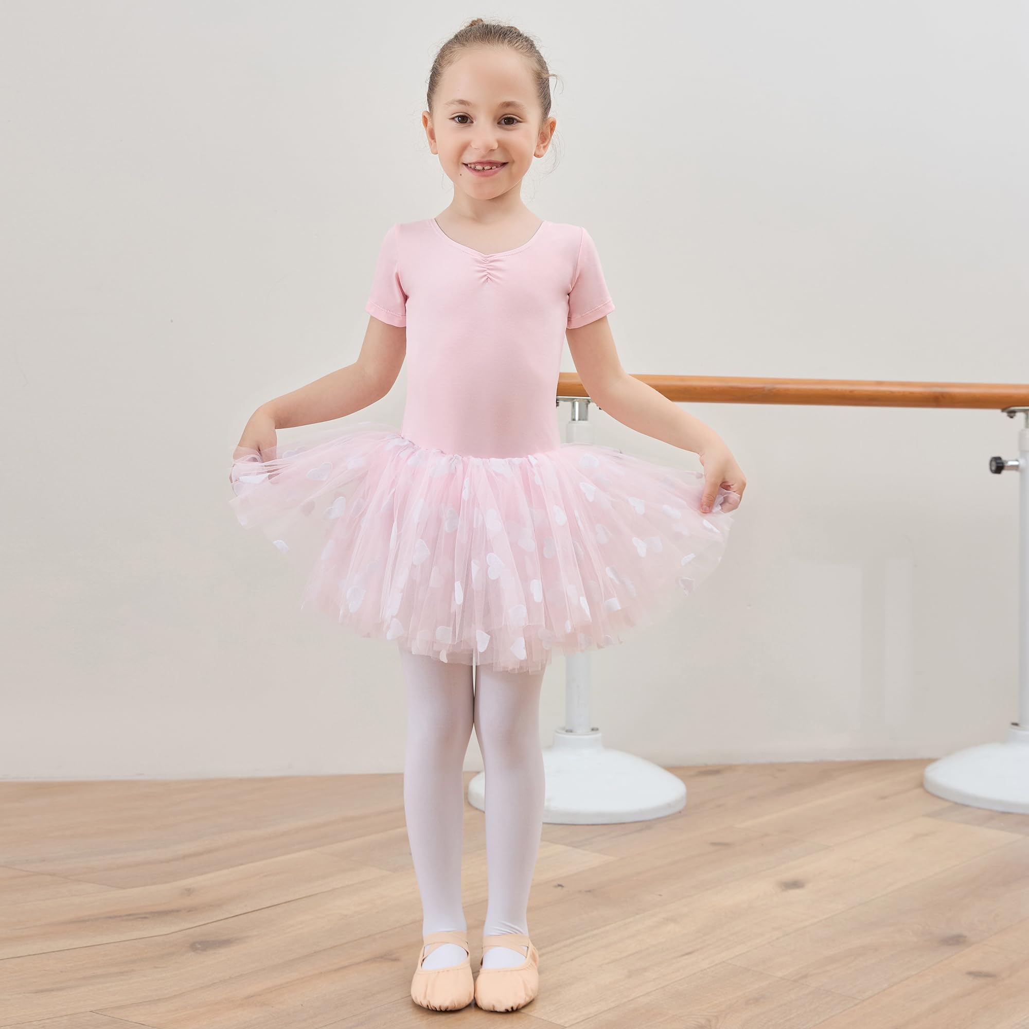 Kinder Mädchen Ballettkleidung Ballettkleid Kurzarm Balletttrikot Baumwolle Ballettanzug Tanzkleid Tanzbody mit Herzmuster Rock Tütü