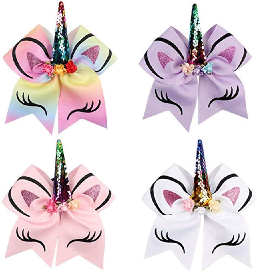 Oaoleer 8 Inch Unicorn Cheer Hair Bows Flower Alligator Clips Grosgrain Ribbon Hair Accessories Gifts for Baby Girls Toddlers Kids Teen Pack of 4 (4pcs A_Unicorn Cheer Bows)