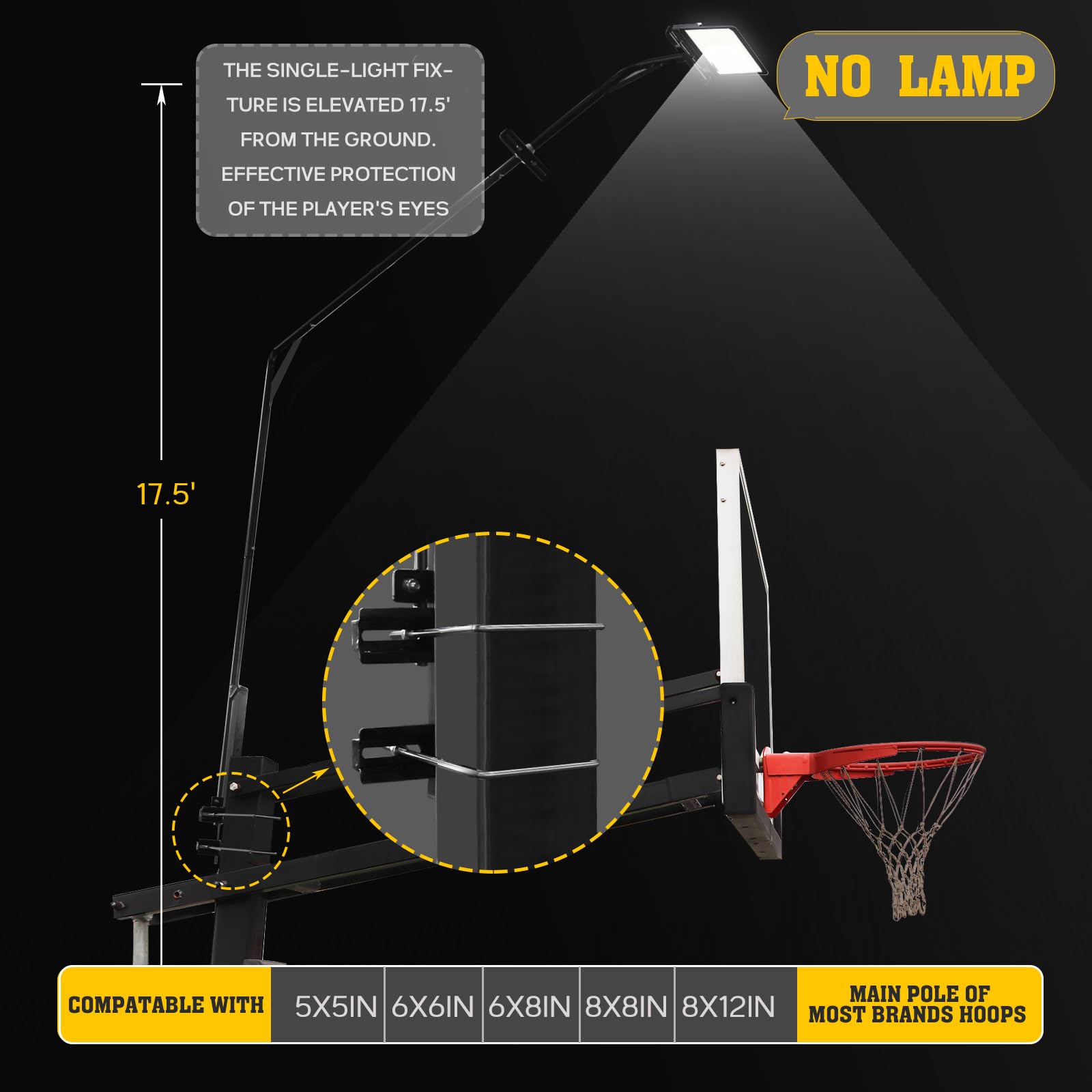 PROGOAL Basketball Hoop Light Support Frame Universal Fit for 12x8” 8x6 6x6” 5x5 Poles Solar Light Mounting Bracket Sturdy Galvanized Steel Labor Saving Arm Design (Light Not Included)