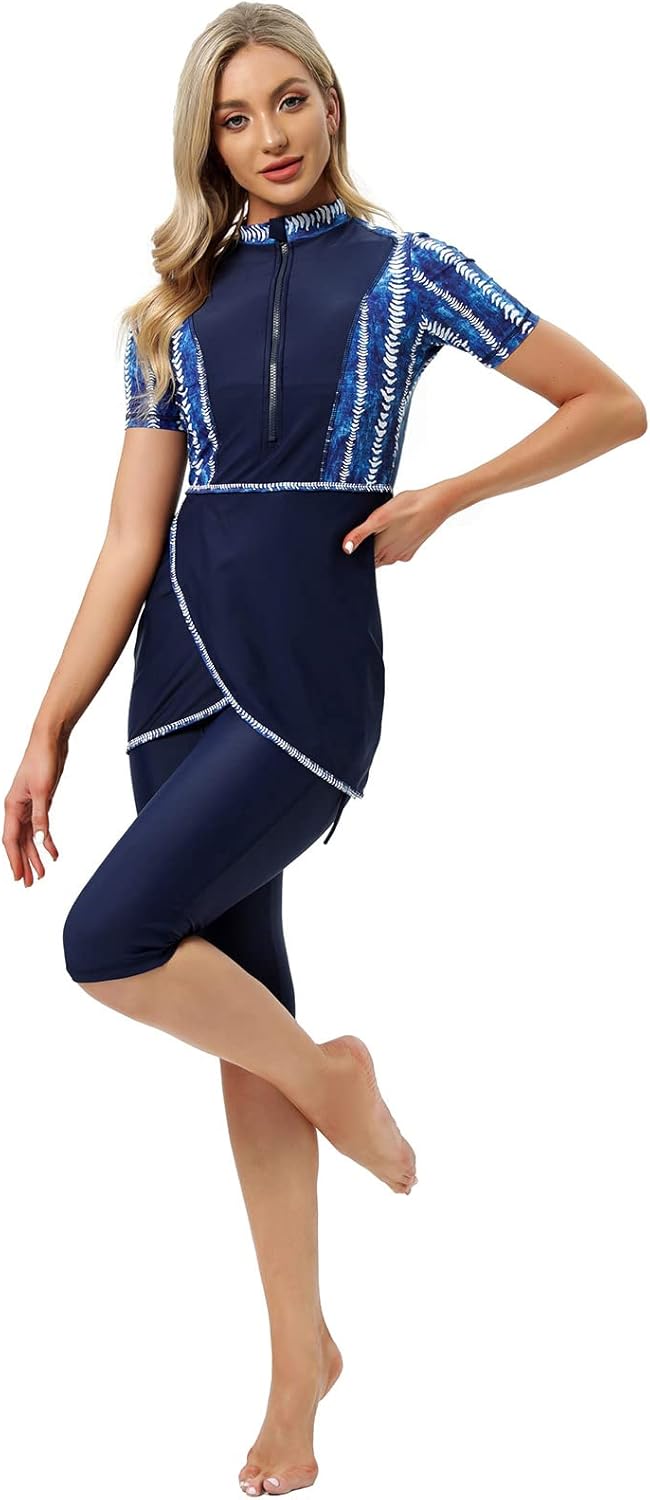 Womens Muslim Swimsuits Short Sleeve Top Swim Pants Full Coverage Swimwear Modest Islamic Hijab Bathing Suit