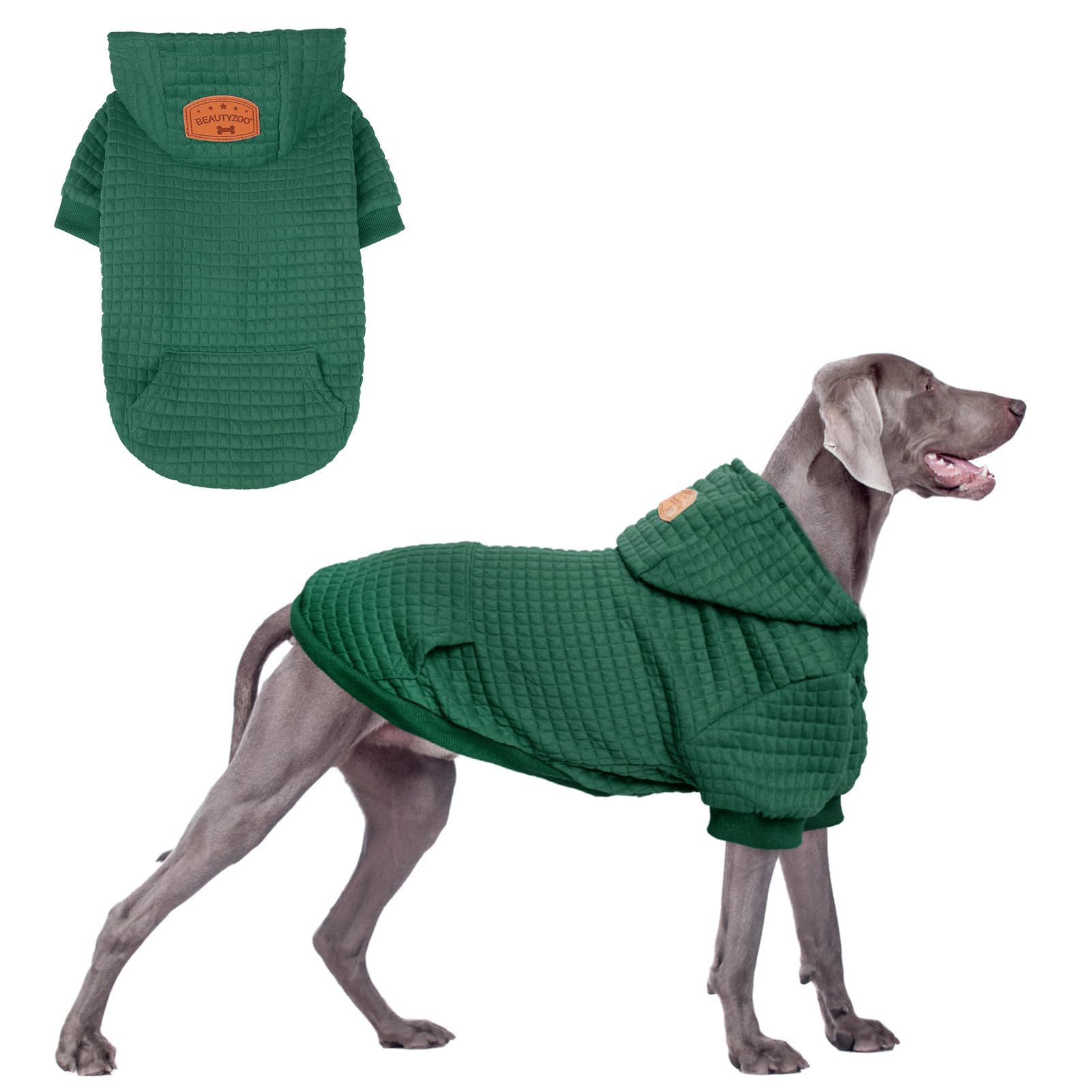 BEAUTYZOO Large Dog Hoodie Sweater with Pockets, Dog Clothes for Small Medium Dogs Boy Girl, Waffle-Like Laminated Cotton Pet Coats with Hat and Leash Hole, Dark Green 3XL