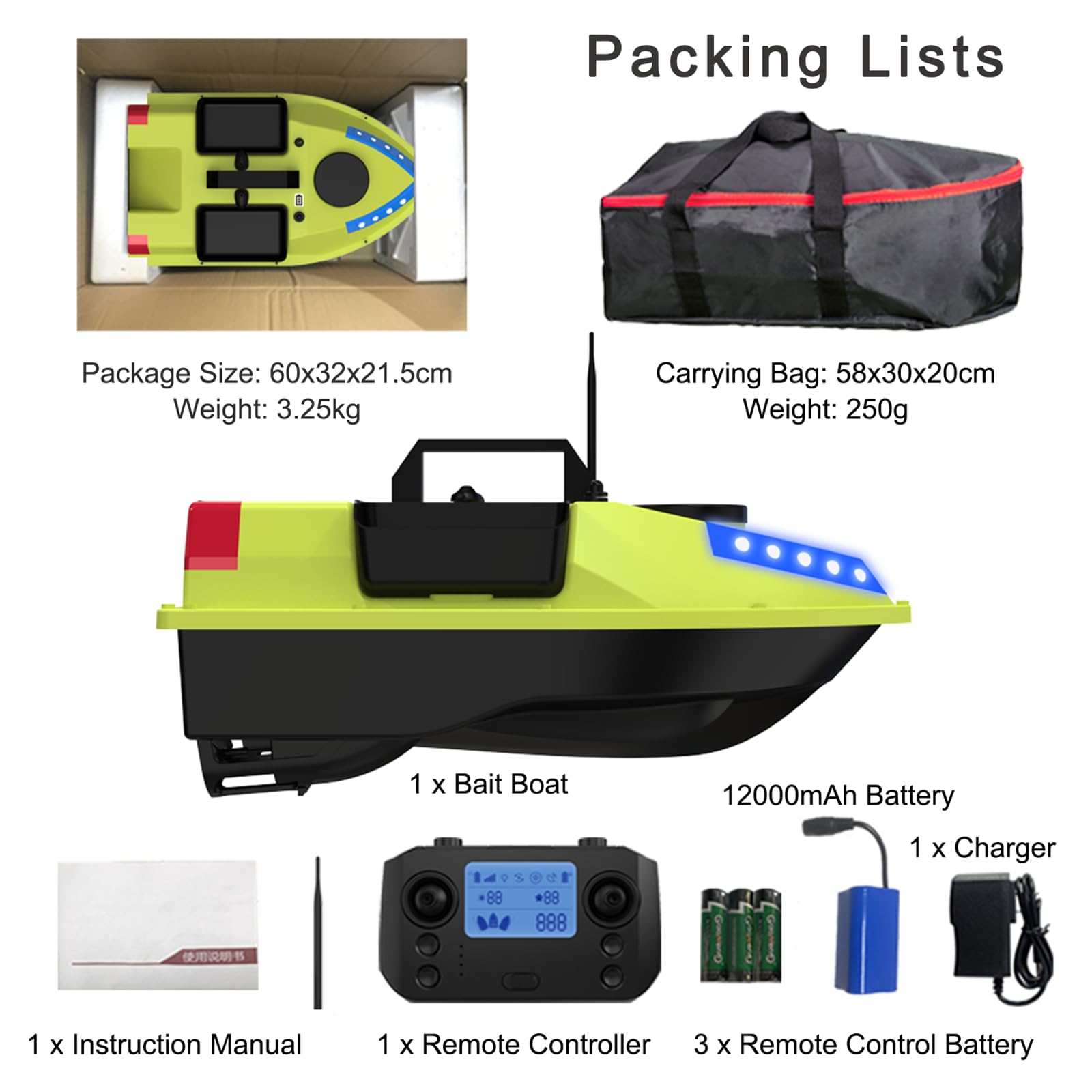 łódka Zanętowa, GPS RC łódka Zanętowa z Pilotem 600 m, ładowność 2 kg, Bateria Litowa 12000 mAh, z Lampką Nocną LED