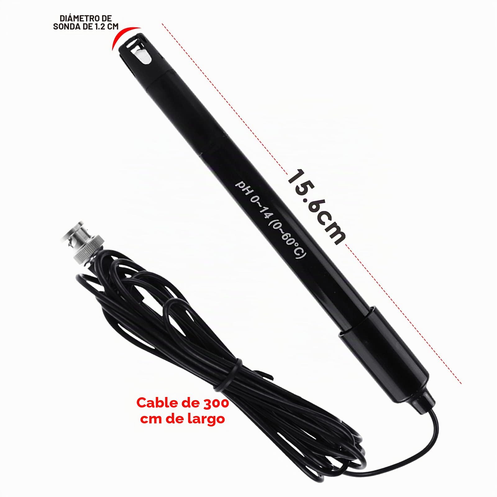 Cable Electrodo Sonda de pH Reemplazable 300 cm, 0-14 pH, Conector BNC, 3 Paquetes de Polvo de Calibración