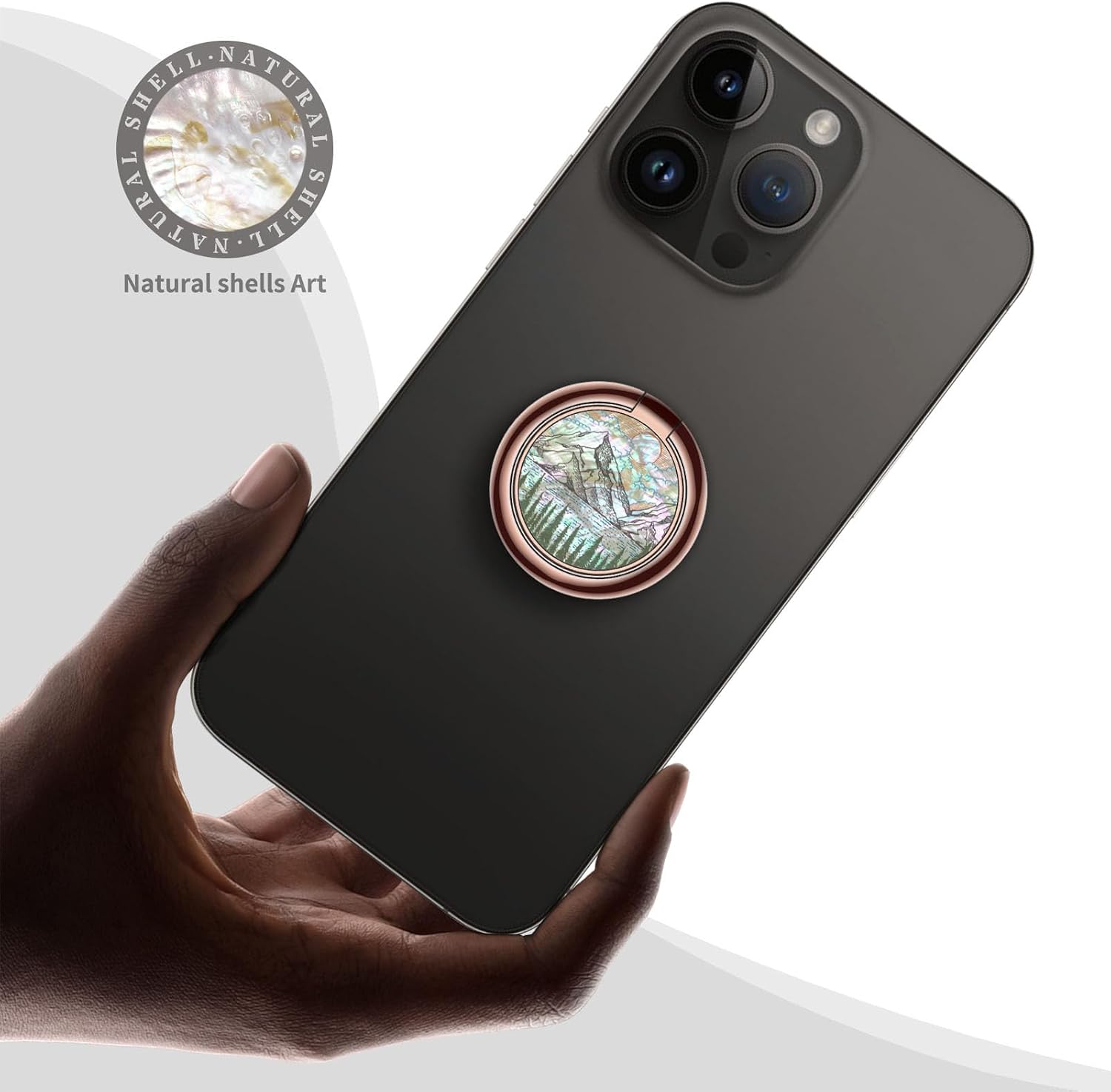 Carveit Natural Shells Cell Phone Ring Holder Metal Phone Kickstand Grip for iPhone 16 Pro Max/15/14 & Galaxy S23/S24/S25 Ultra & Pixel 8/9 -Rose Gold-Alpine Lakes