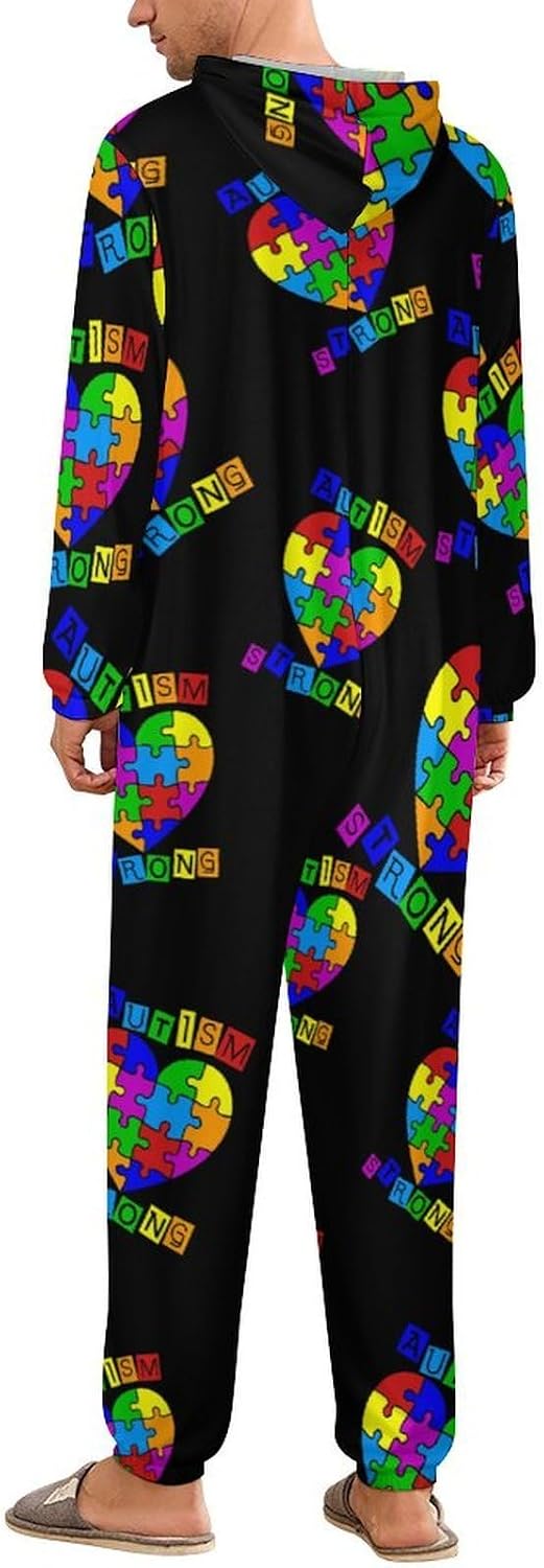 Autism Heart Puzzle Autism Awareness Adult Pajamas Onesie with Hood Pocket Jumpsuits One Piece Sleepwear