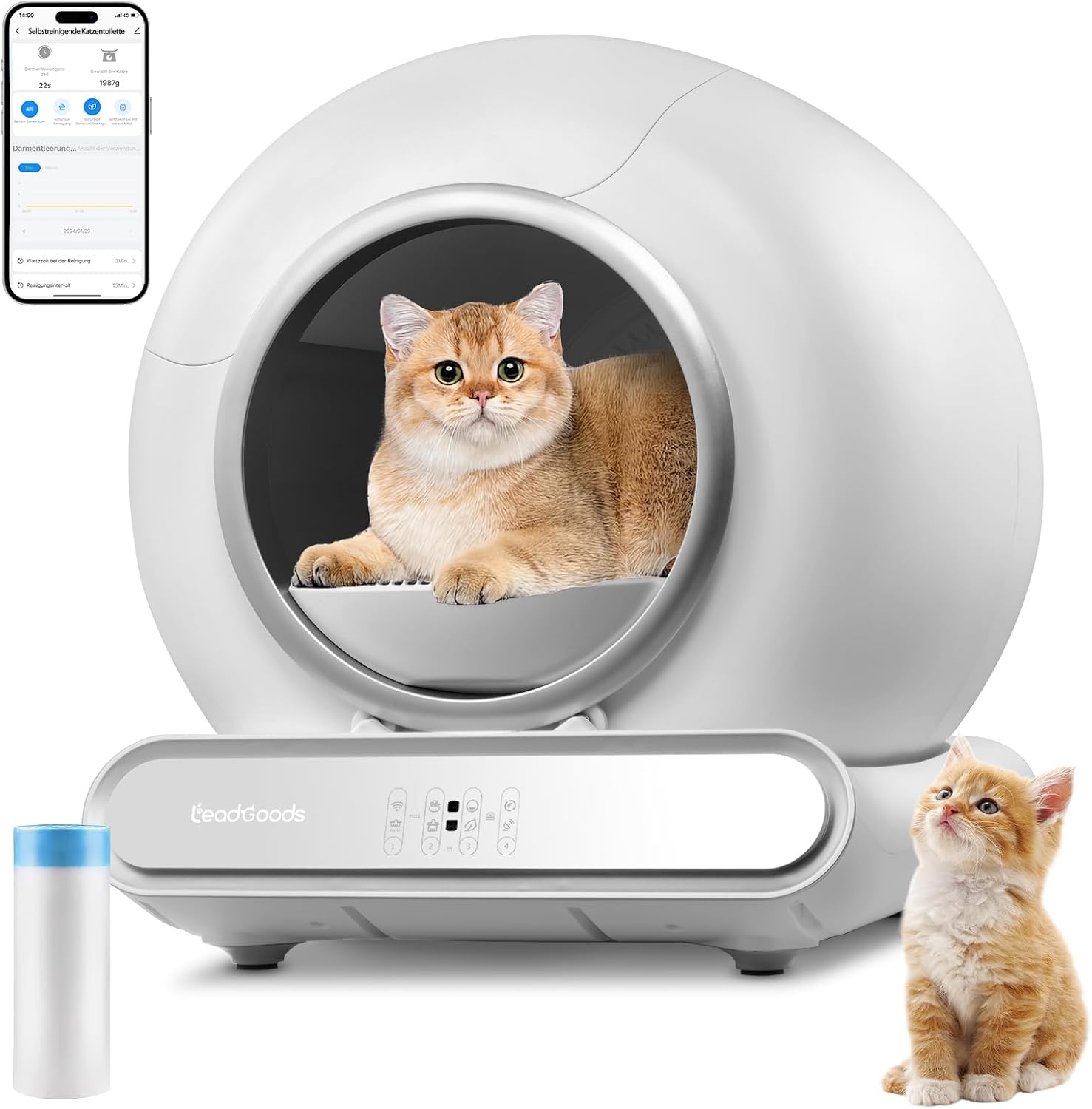Self Cleaning Cat Litter Tray, 65L Extra Large Capacity Automatic Cat Litter Tray with APP Control/Safety Protection/Lower Entry/Dual Odour Control Anti-pinch Smart Robot Litter Box for Multiple Cats