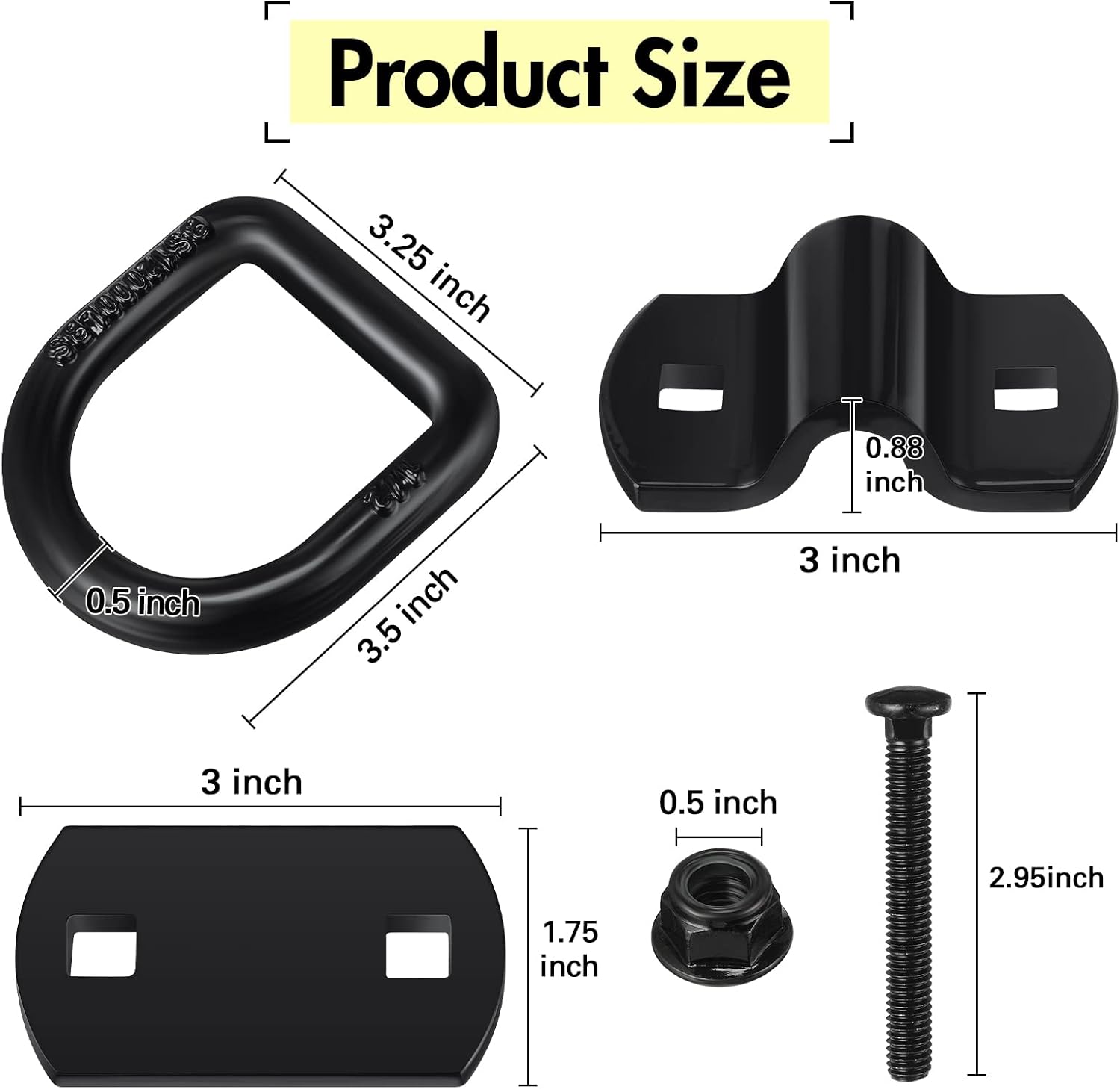 Riakrum 8 Pieces D Ring Tie Down Anchor 1/2 Inch Heavy Duty Tie Down Rings 12000 Lbs Break Strength Anchors Hook with Screws Bolts for Trailer Truck Bed Cargo(Black) - Image 3