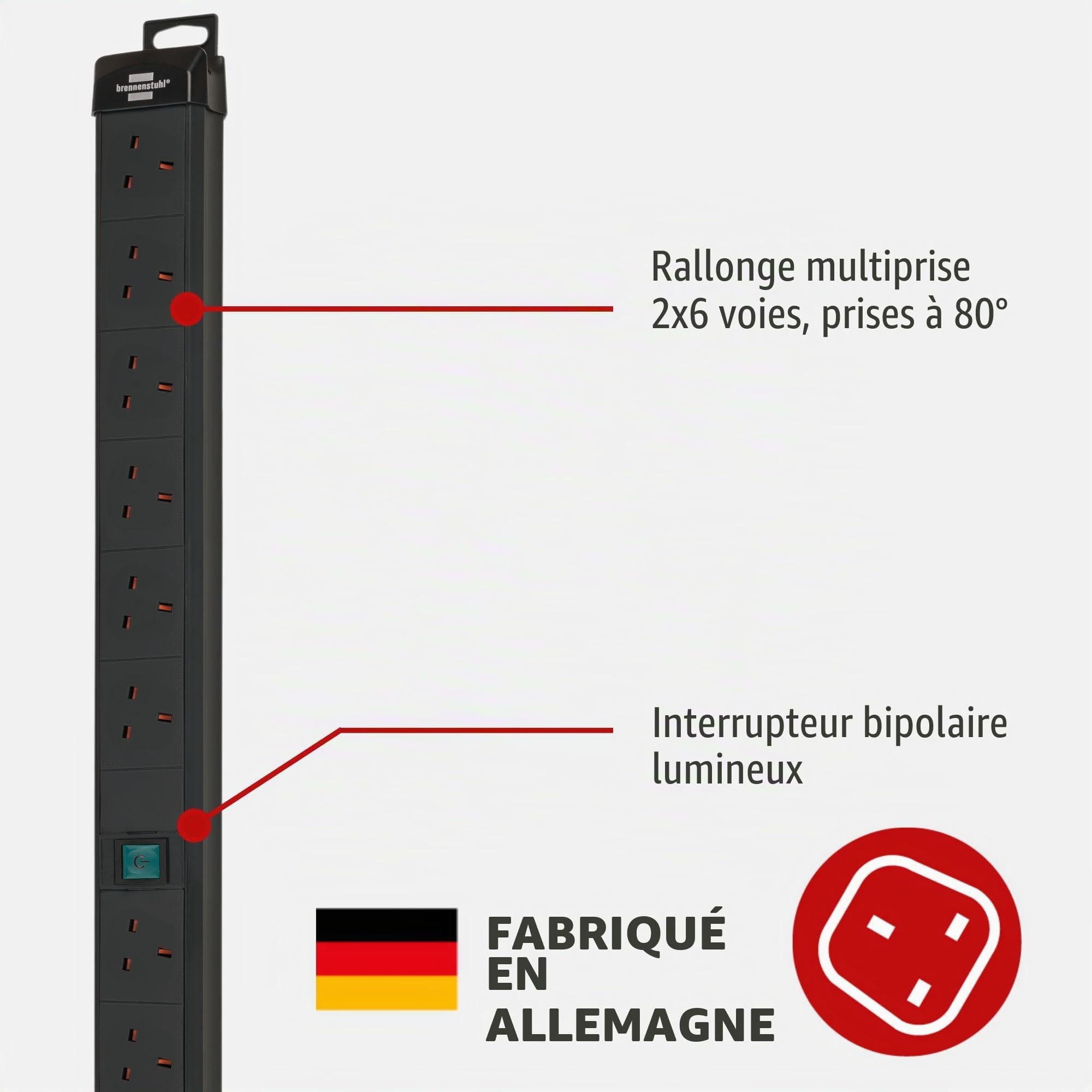 Brennenstuhl Alu-Line Bloc multiprise 12 Prises en Aluminium de qualité supérieure C13 avec 12 Prises C14 et câble de 2 m Argenté/Noir